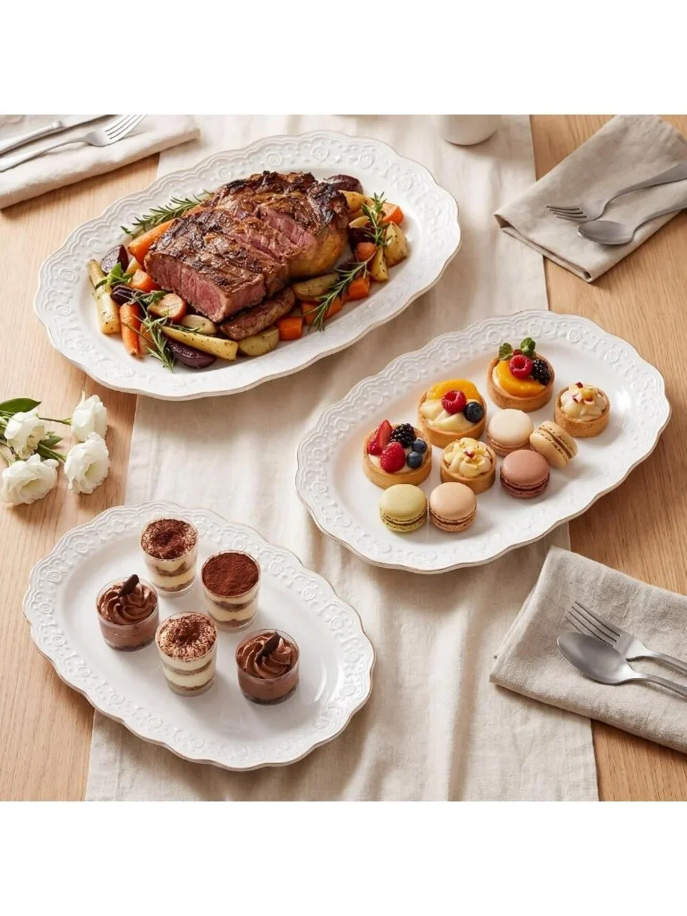 Elegant Ceramic Serving Platter Set | 14”/12”/10” Oval Trays for Entertaining